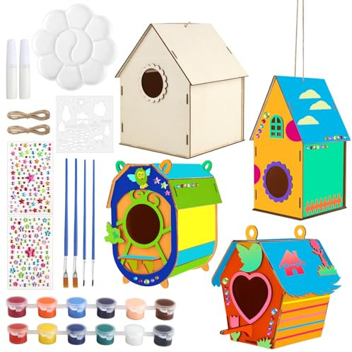 kayqbonke Vogelhaus Bausatz für Kinder - 4 Stück zum Bemalen und Bauen, DIY Holz Vogelhäuschen, Selber Bauen Geschenke für Mädchen, Jungen