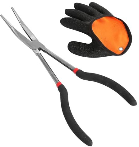 DELAESI Angelzange Gebogen 28cm Hakenlöser Angeln Hakenlösezange mit 1 Rechte Hand Angelhandschuhe Lang Angel Zange Angelzubehör für Fang von Raubfischen Verwendet