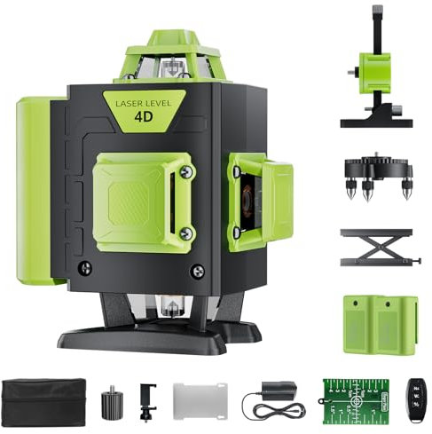 Olubfdh Láser de líneas cruzadas, 4D 16 líneas, nivel de burbuja láser verde autonivelante 4x360°, para trabajos de construcción y para colgar cuadros, con 2 pilas recargables (Verde)