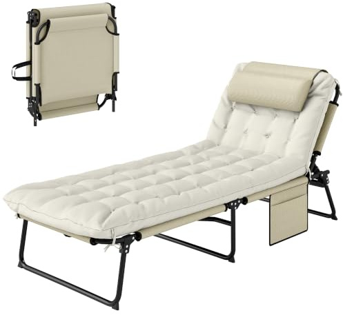 Outsunny Sonnenliege Klappbar mit Kopfkissen 120 kg für Garten Pool Beige | Gartenliege, Liegestuhl, 4-Fach Verstellbare Rückenlehne, Wetterfeste Campingliege, Gartenstuhl, Outdoor