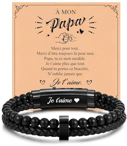 FLHEART Cadeau Papa Fête des Pères - Bracelet Homme Cuir Réglable Gravé Je t'aime pour Fete Des Peres Anniversaire Noël