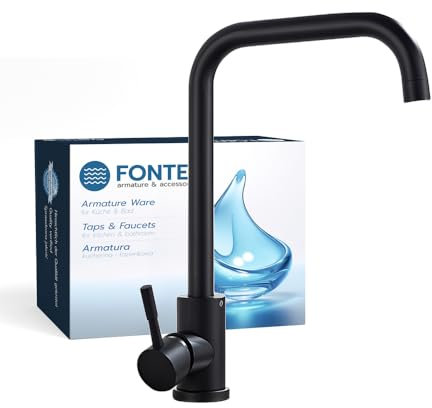 FONTES Wasserhahn Küche Schwarz, Küchenarmatur mit 360°Drehbar, L Förmige Mischbatterie Küche Spülenarmatur mit Einhebel, Spültischarmatur schwarz 360° drehbar, Küchenarmatur mit hohem Auslauf