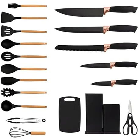 Chefinger Lot de 19 couverts de cuisine avec poignées en bois Noir avec accents de cuivre Bloc à couteaux et support pour ustensiles de cuisine