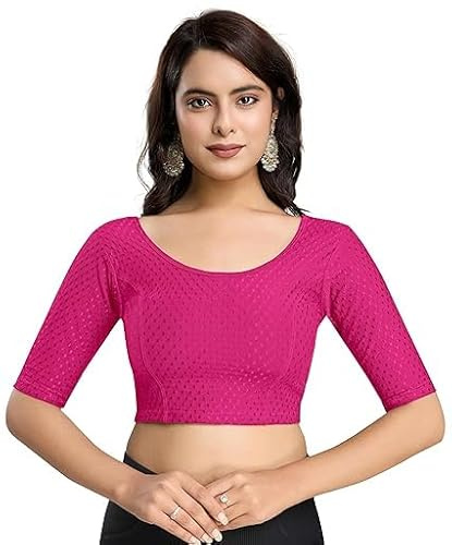 Accessorize Kingdom Women's Dobby Pure Cotton Elastin Stretchable Readymade Round Neck Elbow Length Sleeves Blouse Choli Stylish Saree Blouse (Pink, 38-42)