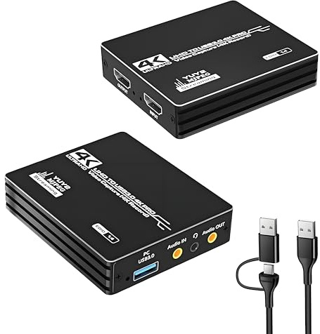 4K HDMI Videoaufnahmekarte, HDMI zu USB 3.0 Aufnahmekarte für Streaming und Aufnahme, 4K@60Hz Eingang Durchleitung 1080P@60Hz Ausgang, kompatibel mit Switch/PS5/Xbox/PC/Kamera/Mac/OBS/XSplit