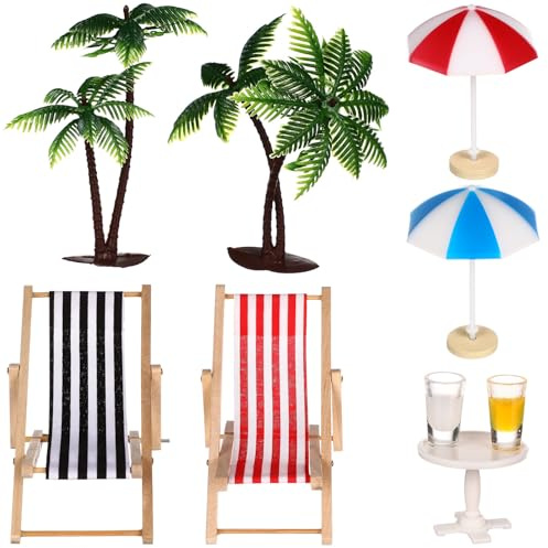 Toyvian Strand Miniaturlandschaft Set, Kunstharz mit Mini Palmen Sonnenschirmen Liegestühlen Getränken Und Rundem Couchtisch Zur Dekoration für DIY Bastelarbeiten Puppenhäuser