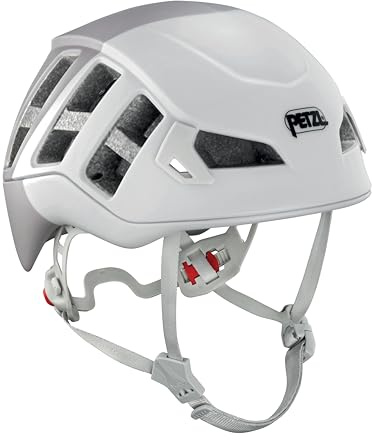 Petzl Meteor A071AC03 - Casco da arrampicata leggero in policarbonato EPS bianco grigio, ventilato con supporto per lampada frontale, alta protezione, M/L, 57-61 cm