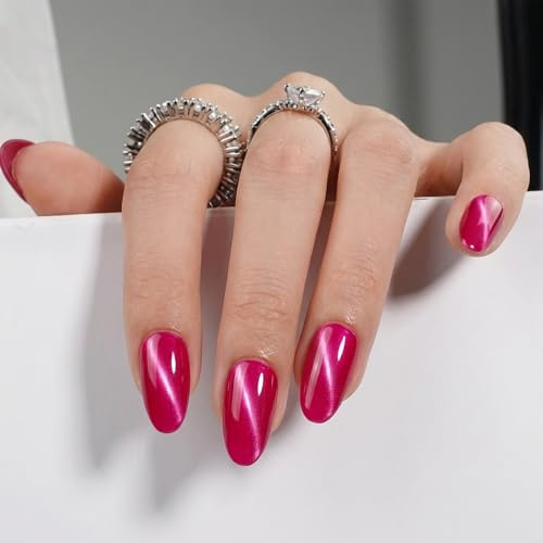 NXYCCHIC 30Pcs Almond Press on Nails Medium Fake Nails with 3D Cat Eye Glossy Reusable Artificial in 15 Size French Tip Design Cute Full Cover Stick on Nails for Women Hot Pink