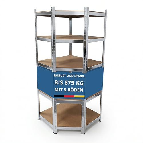 Grafner Eckregal Lagerregal mit 5 Böden aus MDF 180x70x40cm 875 kg verzinktes Metallregal Kellerregal Steckregal Werkstattregal Lagerregal Eck Regal für Garage Keller Abstellraum
