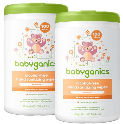 Babyganics Alcohol Free Hand Sanitizer Wipes, Mandarin, 100 Count Canister (Pack of 2), Standard