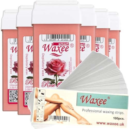 6x 100ml roll-on wax roller wax cartridge refill + 100 waxing strips from UK brand Waxee! (Pink)