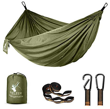 Fieleer Ultraleicht 2 Personen Reisehängematte Camping Outdoor Hammock | Mit Karabinern & 2,5cm Breiten Schwerlastgurten mit 6 Schlingen | 300x200cm, 300kg Traglast, Fallschirm Nylon | Für Outdoor