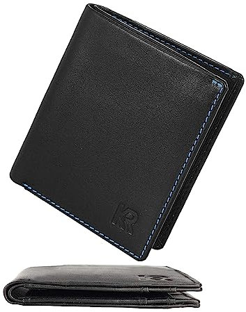 KRONIFY Leder Geldbörse Herren Slim Wallet Männer Portemonnaie, Leder Kreditkartenetui RFID Schutz, Mini Portmonee Herren, Echtleder Geldbeutel mit 8 Kartenfächer, Geschenk Box, Nappa Schwarz/Blau
