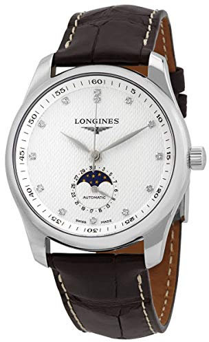 The Longines Master Collection Moonphase automatisches silbernes Zifferblatt mit Diamanten, braunes Alligatorarmband L2.909.4.77.3, Silber
