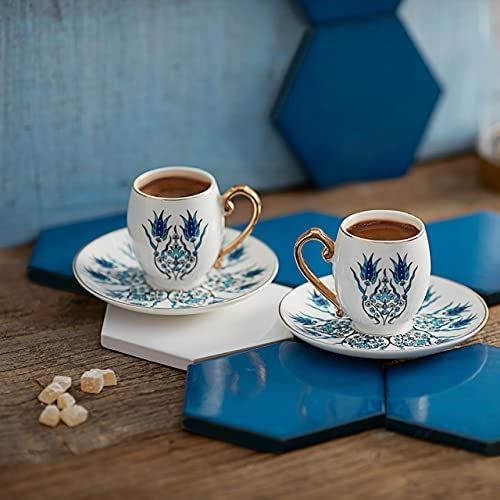 Karaca Iznik Coffee Service for 2 People, 2 x Espresso Cups and 2 x Saucers, Robust Mocha Cup, Thick Drinking Rim, Espresso Cups, Porcelain Espresso Set
