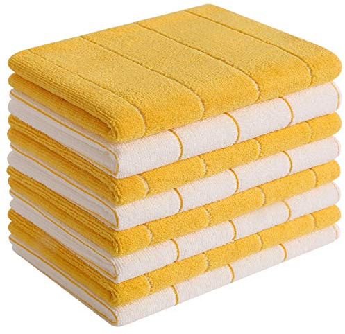 Microfiber Kitchen Towels - Super Absorbent, Soft and Solid Color Dish Towels, 8 Pack (Stripe Designed Yellow and White Colors), 26 x 18 Inch (Yellow)