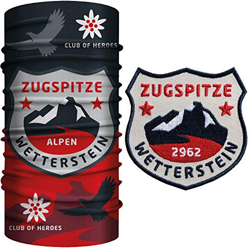 Club of Heroes Zugspitze Bandana Set / 1 Multifunktionstuch + 1 Patch, Aufnäher Aufbügler gestickt/Schlauchschal Halstuch Schal aus weicher Mikrofaser/Wetterstein Bayern Alpen Berge Bergsteige COH