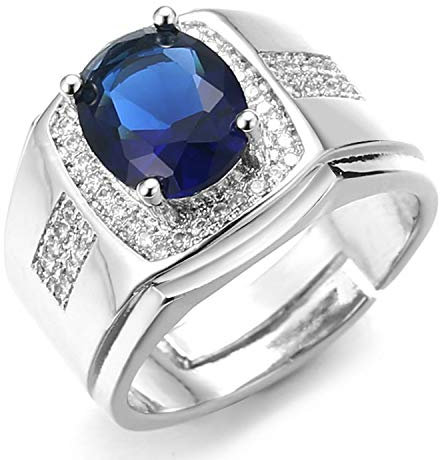 Halukakah Diamantring mit Blauem Edelsteinkristall,Herren 18 Karat Echtes Weißgold Platiniert Iced Out Handset Lab Diamanten Größe Einstellbar mit KOSTENLOSER Geschenkbox