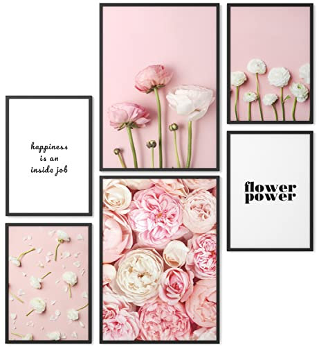 Papierschmiede® Mood Poster Set Flower Power, Bilder Wohnzimmer Deko Schlafzimmer, 2x DIN A4 und 4x DIN A5, Blumen Pfingstrosen Rosa - Wandposter ohne Rahmen