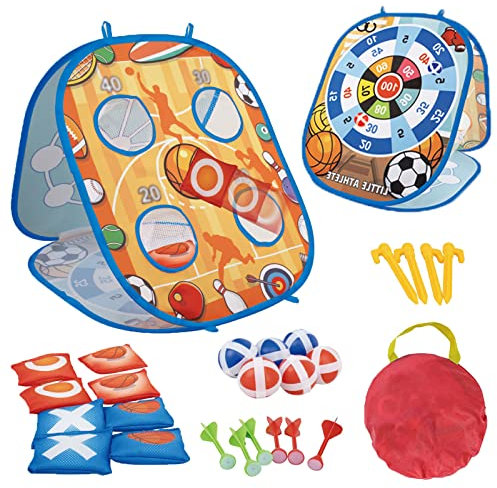 ZHEGAO Bean Bag Toss Game - Toss Game Kit for kids, Cornhole Board, Sandbag Throwing, Dart Board and Tic Tac Toe, Throwing Games for Family Activity, Gifts for Age 5+ Years Old Girls Boys, Blue, L