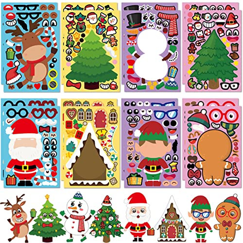 Flyftrey 16 Blätter Weihnachtskinder Aufkleber Bastel Set, DIY Sticker Weihnachtsbaum Lebkuchenmann Schneemann Rentier, Weihnachten Aufkleber für Kinder Bastel Party Deko Geschenk Spielzeug