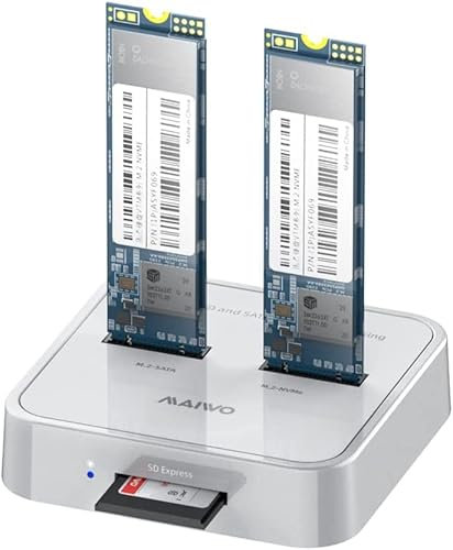 MAIWO Estación de acoplamiento de disco duro externo de doble bahía K3016SD, base de lector de tarjetas SD Express. Protocolo dual M.2 NVMe/SATA, con 1 puerto de tarjeta SD Express.