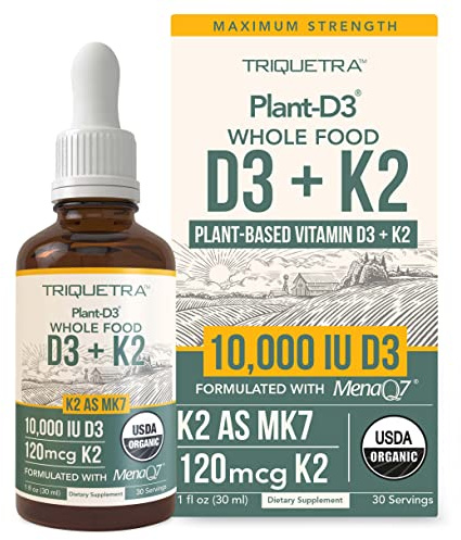 Organic Plant D3 K2 vitamin 10000 iu - All-Trans MK7 from MenaQ7 (120 mcg K2) - 100% Organic & Plant-Based Sublingual D3 Drops 10,000 iu (Cholecalciferol), 100% Vegan - Supports Immunity, Bone, Brain