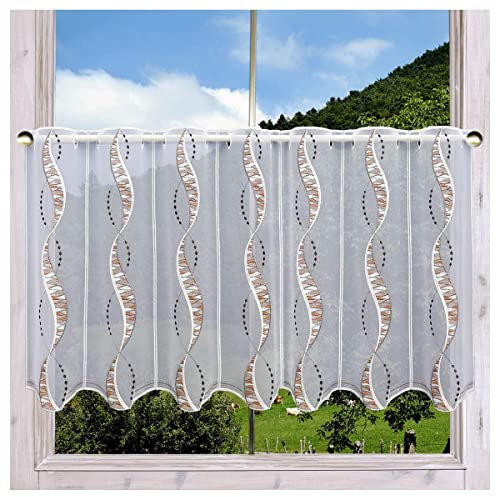 DSD Design-Studio Drechsler Hochwertige Scheibengardine Devina mit Effektband-Stickerei braun aus Plauener Spitze 55 x 80 cm