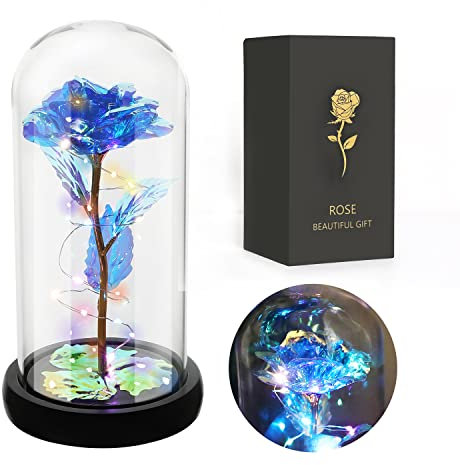 JUSTOYOU Rose Geschenk für Frauen, Mütter - Bunte Künstliche Rose in Glas Kuppel für Geburtstag, Weihnachten, Muttertag Dekorationen (Blau)