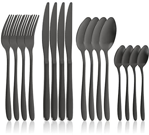COM-FOUR® Ménagère 16 pièces pour 4 personnes - couverts en acier inoxydable - couverts foncés avec couteau, fourchette, cuillère, cuillère à café - couverts menu mat (Set09-16 pièces)