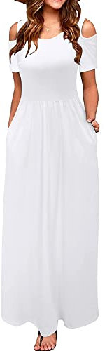 STYLEWORD Sommerkleid Damen Weiß Lang Maxikleid Sommer Elegant Freizeitkleid Kurzarm Kleider mit Taschen,L