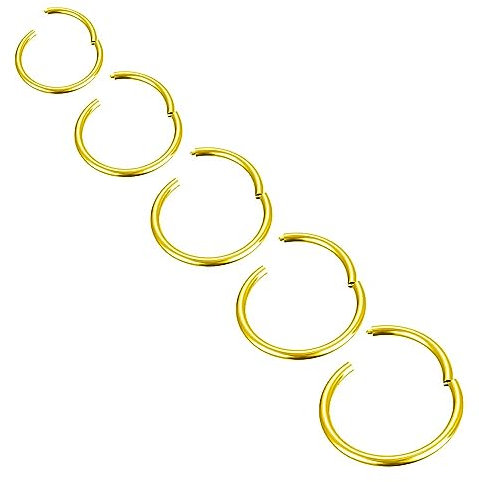 Body CAC Titanium 5PCS-20G(0.8mm) Gold Hinged Clicker Nose Ring Hypoallergenic Full Hoops, Implant Grade Clasp Segment Sleeper Seamless Earrings Helix Piercing For Women
