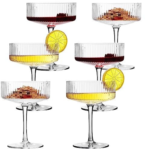 VIFVOR 6 Pcs Ribbed Coupe Cocktail Glasses, 10 oz Classic Old Styling Martini Glass Set with Gift Box Packaging Elegant Hand Blown Manhattan Goblet for Cocktail, Champagne, Bar and Gift (6)