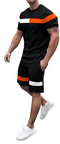 Trainingsanzug für Herren Sommer Sportanzug 2 Teiliges Bedruckter Outfit Set Kurzarm T-Shirts mit Rundhalsausschnitt + Kurze Hose Freizeitanzug für Herren