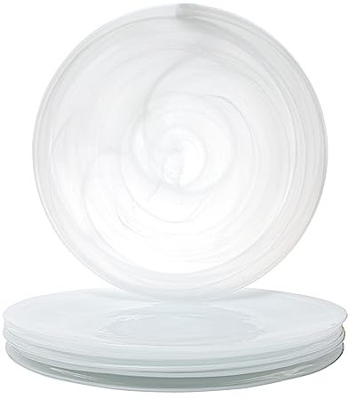 Vikko Platzteller, Set mit 6 weißen Alabaster-Speisetellern, 33 cm Teller mit marmorisiertem, Wirbel-Design, eleganter Glas-Ladegerät, spülmaschinenfest