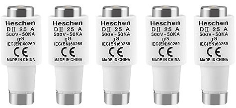 Heschen Eslabones fusibles cerámicos Neozed, eslabón fusible tipo DII, 25A 500VAC, tipo gG, para protección de cables y líneas, 5 unidades