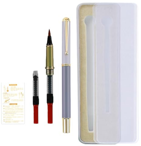 Huakaile Tragbarer Taschen-Füllfederhalter aus Metall mit Etui, nachfüllbar, flexible Pinselspitze, Kalligraphie-Stift (1 grauer Stift, 1 Stiftspitze, 3 Tintenkonverter)