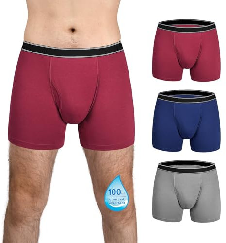 TIICHOO Inkontinenz Slip Herren Waschbar Regelmäßige Saugfähigkeit 100ml Inkontinenz Pants Männer Baumwolle Boxershorts 3er Pack (Large, Burgunder/Marineblau/Grau)