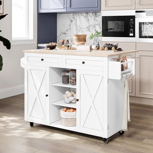 HOLTICO Kitchen Island on Wheels, Kitchen Trolley With Worktop Storage Islands & Carts Rolling Kitchen Island Cart With Drop Leaf Countertop Vegetable Rack on Wheels,White
