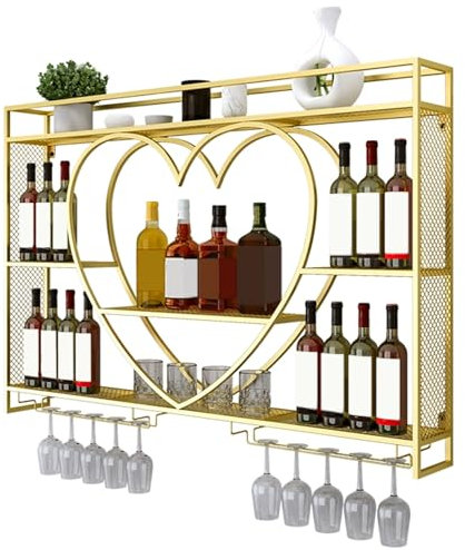 XNKLPY Porte-Bouteilles Muraux Industriels avec Porte-Gobelets Verre, Porte-Vin Suspendu en Métal, Bar Cuisine À 3 Niveaux Étagère De Rangement, Étagères Polyvalentes Présentoir(Size:140,Color:Or)