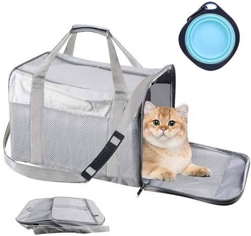 Vegena Sac Transport Chat et Chien, Caisse Pliable avec Gamelle, pour Petit Animal, 42 x 27 x 28 cm
