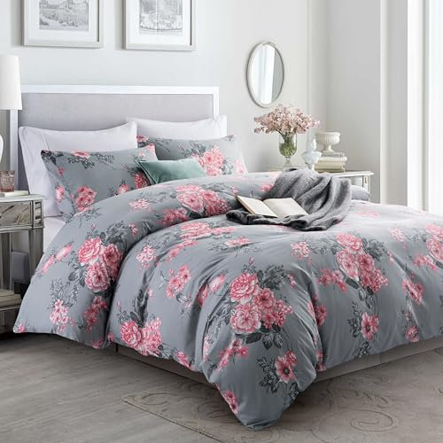 YORKSHIRE BEDDING Double Duvet Set Soft Printed Bedding Set Brushed Microfiber Duvet Cover with Pillowcases (Grey Bouquet 200x200 CM)