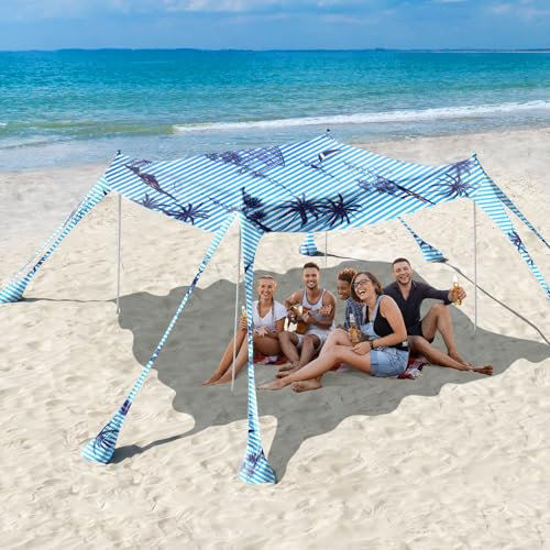 Rhino Valley Strandmuschel, Strandzelt Sonnenschutz UV 50+, Windschutz Strandzelt, Tragbar Sonnensegel Strand für Camping, Angeln, Picknick im Garten Strand, 10x10 FT, Schwarz Kokosnussbaum