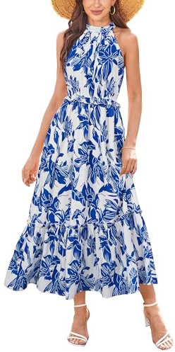 Newshows Sommerkleid Damen Lang Elegant Kleid Neckholder Kleid Sommer Strandkleid(Blau Floral Leaf, S)