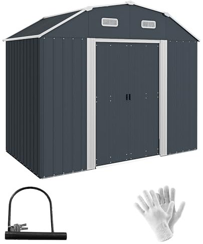 Outsunny Gerätehaus aus Stahl, 2,7 m² Geräteschuppen mit Regal, UV-Schutz, Gartenschrank mit 2 Schiebetüren, Gartenschuppen mit Fundament, 238 x 132 x 198,5 cm, Dunkelgrau