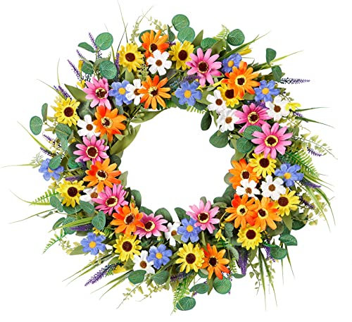 Dremisland Couronne d'été pour porte d'entrée de 55,9 cm, couronne de marguerites artificielles colorées pour intérieur et extérieur, décoration murale