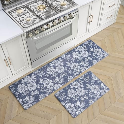 Laura Ashley - Anti-Fatigue Kitchen Mat, Iris Floral Design, Stain, Water & Fade Resistant, Cooking & Standing Relief, Non-Slip Backing, 2 Piece Set: 17.5 x 60 / 17.5 x 28 Navy Iris