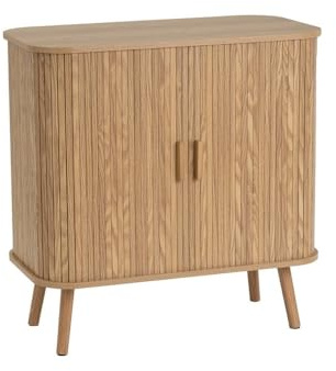 Consola aparador Elia color roble con puertas enrollables de 80x40x80 cm | Diseño de persianas versátil. Mueble decorativo para ganar almacenaje y organizar el recibidor, salón o dormitorio.