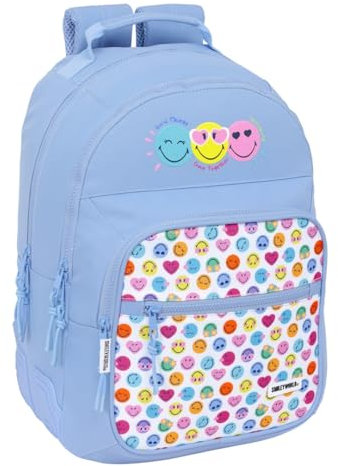 Smiley World Joyful Doppel-Rucksack, anpassbar, recycelbarer Stoff, ideal für Kinder verschiedener Altersgruppen, bequem und vielseitig, Qualität und Widerstandsfähigkeit, 32 x 15 x 42 cm, Hellblau /