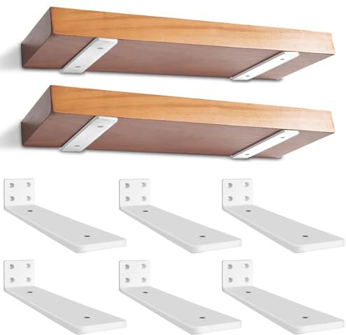 Lot de 6 Supports d’étagère Flottants de 25 cm, Fixations d’étagère Invisibles, Supports en L en Métal Robuste Pour étagères, Support Mural Vis Assorties, Blanc